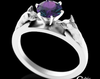 Sterling Silver & Alexandrite Fox Engagement Ring, Gemstone Kitsune Solitaire Ring, Womens Silver Reynard Path Finder Marriage Ring, 1802