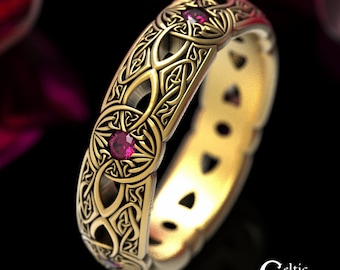Ruby + 10K Gold Celtic Ring, 14K Gold Celtic Ring, 18K Celtic Wedding Ring, Womens Gold Wedding Band, Womens White Gold Celtic Ring, 1805