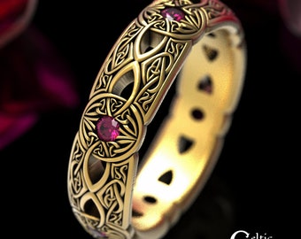 Ruby + 10K Gold Celtic Ring, 14K Gold Celtic Ring, 18K Celtic Wedding Ring, Womens Gold Wedding Band, Womens White Gold Celtic Ring, 1805