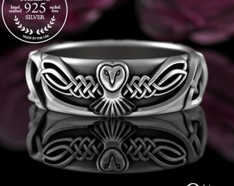 Sterling Womens Owl Wedding Band, Bridal Celtic Owl Ring, Irish Night Owl Wedding Ring, Owl Spirit Animal Jewelry, 925 Night Bird, 3187