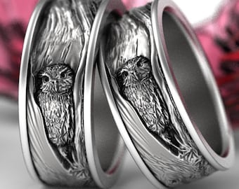 Sterling Silver Owl Wedding Ring Set, Owl Wedding Bands, Tree Bark Wedding Rings, Owl In Tree Wedding Rings 1794