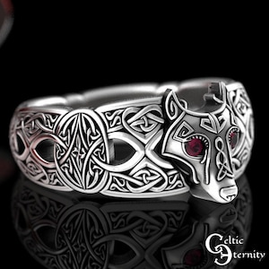 Ruby Celtic Wolf Ring, Ruby Wolf Ring, Sterling Wolf Ring, Wolf Wedding Ring, Ruby Viking Ring, Viking Wolf Ring, Mens Wolf Ring, 1744 image 3