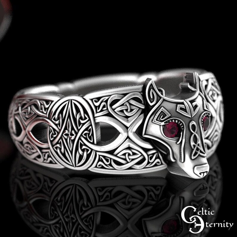 Ruby Celtic Wolf Ring, Ruby Wolf Ring, Sterling Wolf Ring, Wolf Wedding Ring, Ruby Viking Ring, Viking Wolf Ring, Mens Wolf Ring, 1744 image 3