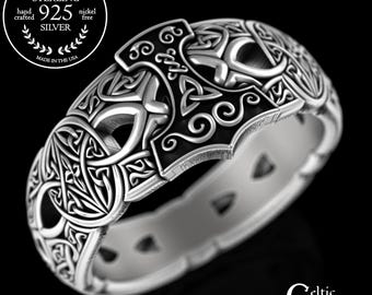 Viking Hammer & Shield Ring, Sterling Mens Norse Mjolnir Wedding Band, Silver Wide Nordic Ring, Thor Groom Viking Wedding Ring, 3225
