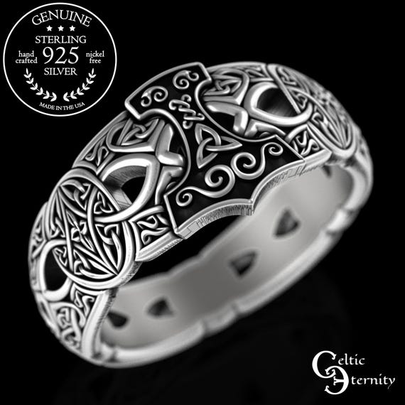 TRIBAL STONE HAMMERED RING-SILVER925-リング Viking Hammer & Shield Ring, Sterling Mens Norse Mjolnir Wedding