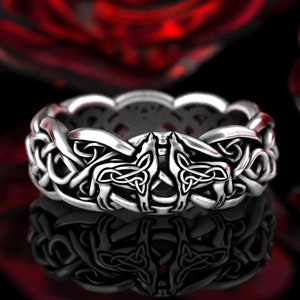 Celtic Wolf Ring, Sterling Silver Wolves, Celtic Wedding Band, Wolf Wedding Ring, Celtic Animal Ring, Wolf Jewelry, Infinity Ring, 1716