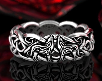 Celtic Wolf Ring, Sterling Silver Wolves, Celtic Wedding Band, Wolf Wedding Ring, Celtic Animal Ring, Wolf Jewelry, Infinity Ring, 1716