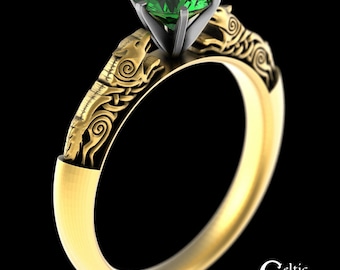 Emerald Gold Wolf Engagement, 14K Emerald Wolf Ring, 10K Wolf Engagement Ring, 14K Emerald Celtic Engagement, 14K Wolf Wedding Ring, 1801