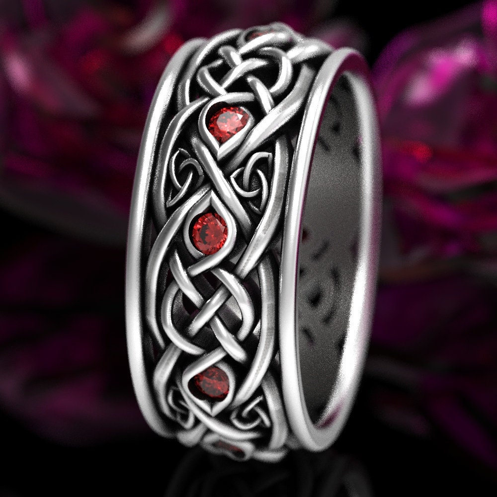 Mens Infinity Celtic Ring, Sterling Ruby Mens Irish Wedding Band, Ruby