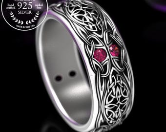 Ruby Knotwork Ring, Mens Sterling Silver Wedding Band, Ruby Celtic Wedding Band, Ruby Trinity Knot Ring, Irish Ruby Wedding Ring, 1804