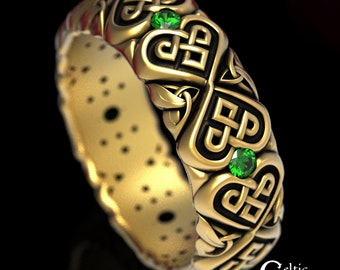 Emerald Wedding Band, Gold Celtic Ring, Heart Wedding Ring, Unique Emerald Wedding Ring, Gold Emerald Ring, Platinum Wedding Ring, 1497