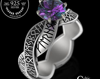 Alexandrite Futhark Rune Ring, Sterling Flesh & Bone Solitaire, Sapphire Viking Hand Binding Ring, Amethyst Norse Pagan Bridal Ring, 3227