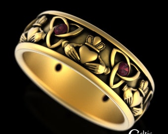 Gold Ruby Claddagh Ring, 10K 14K Scottish Hand Crown Ring, 18K Gold Irish Heart Wedding Band, 10K Gold Celtic Crown Wedding Ring, 3079