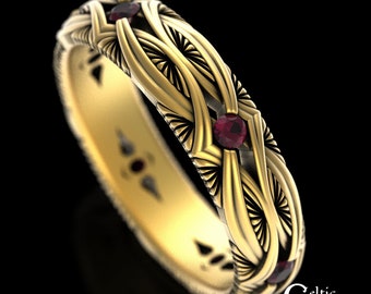 10K Gold Ruby Wedding Ring, Gold Celtic Wedding Band, 10K Celtic Ruby Ring, White Gold Ruby Celtic Wedding Ring, 14K Ruby Irish Ring, 1404