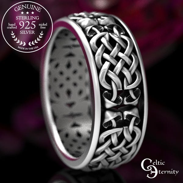 Infinity Symbol Ring with Mushrooms in Sterling Silver, 925 Celtic Eternity Knot Wedding Band, Nature Inspired Handmade Hippie Ring, 1391