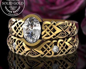 Moissanite Bridal Set, Gold Celtic Engagement Ring Set, 10K 14K Heart Knotwork Wedding Band, Gold Matching Irish Women Wedding, 3018 3017