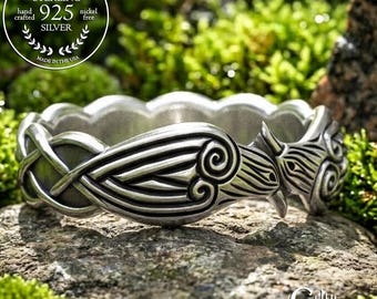 Sterling Celtic Knot Raven Ring, Norse Raven Ring, Hugin and Munin Celtic Raven Ring, Raven Wedding Band, Silver Celtic Raven Band, 1280