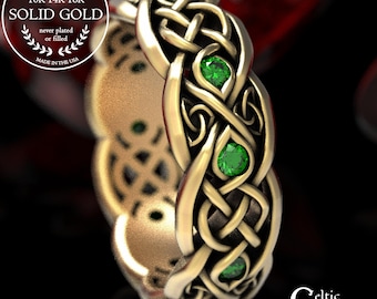 Infinity Wedding Band, Gold Emerald Wedding, Gold Celtic Ring, Infinity Wedding Ring, Gold Celtic Wedding Band, Emerald Platinum Ring, 1052