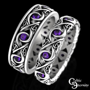 Matching Amethyst Wedding Rings, Celtic Wedding Ring Set, Sterling Silver Matching Celtic Wedding Bands, Silver Celtic Ring Set, 1409 1410