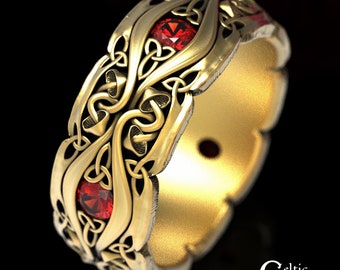 Ruby Mushroom Wedding Ring, Mens Gold Mushroom Wedding Ring, Ruby Mens Wedding Band, Gold Mushroom Ring, Celtic Nature Wedding Ring, 1535