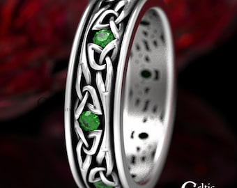 Emerald & Sterling Silver Celtic Mens Wedding Band, Sterling Handfasting Ring, Emerald Irish Wedding Band, Emerald Welsh Union Ring, 1469
