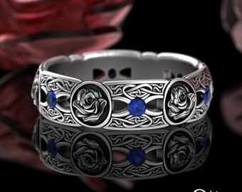 Silver Sapphire Rose Flower Ring, Sterling Botanical Irish Wedding Ring, Womens Rose Celtic Ring, Sapphire Flower Heart Wedding Band, 3046