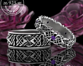 Celtic Heart & Amethyst Wedding Ring Set, Sterling Heart Wedding Rings, His Hers Celtic Ring Set, Unique Wedding Bands, 4012 4014