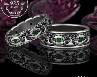 Matching Tree of Life Wedding Rings, Sterling His Hers Yggdrasil Rings, Silver Botanical Celtic Tree Wedding Band Set, Irish Pagan 3191 3192