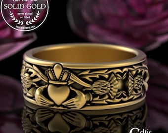 Men's Gold Handfasting Scottish Thistle Ring, 14K Mens Claddagh Wedding Band, 18K Scotland Heritage Ring, Irish Groom Handfast Ring, 3281