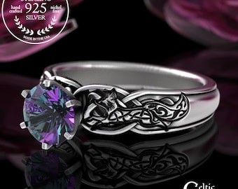Alexandrite Mated Foxes Ring, Sterling Foxy Lady Engagement Ring, Irish Vixen Wedding Ring, Life Partner Ring, Knotwork Fox Solitaire, 3248