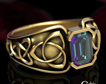 Alexandrite Engagement Ring, Gold Celtic Statement Ring, Alexandrite Gold Ring, Celtic Wedding Ring, Emerald Cut Engagement Ring, 1531