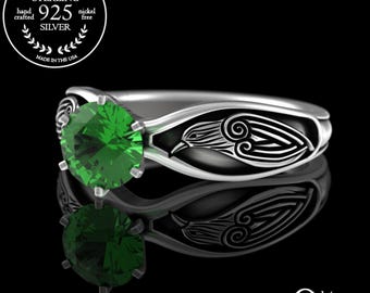 Emerald Viking Raven Engagement Ring, Sterling Norse Crow Solitaire Ring, Silver Odin's Ravens Proposal, Bridal Bird Wedding Ring, 3163
