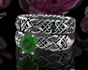 Sterling & Emerald Celtic Engagement Ring, Knotwork Engagement Ring, Emerald Celtic Engagement Ring, Silver Irish Engagement Ring, 4014 4017