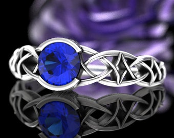 Celtic Engagement Ring, Sapphire Handfasting Ring, Sterling Silver Wedding Ring, Silver Gaelic Knotwork Ring, Sapphire Wedding Ring, 430