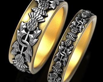 10K Gold & Sterling Silver Thistle Wedding Ring Set, Classic Scottish Wedding Ring Set, 2tone Celtic Botanical Plant Wedding Band, 1772 1773