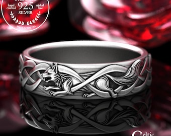 Lady's Wolf Infinity Knotwork Wedding Ring, Sterling Irish Wolves Ring, Woman's Silver Wolf Ring, Canine Jewelry, 2106
