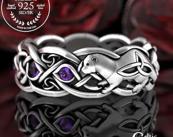 Celtic Otter Ring, Sterling Amethyst Otter Wedding Band, Sterling Otter Ring, Irish Otter Ring, Otter Wedding Band, Otter Wedding Ring, 3025