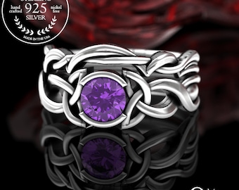 Matching Irish Solitaire Ring Set, Sterling & Amethyst Celtic Knotwork Wedding Set, Womens Knotwork Wedding Band Set, Silver Trinity 405 406