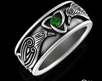 Emerald Raven Norse Wedding Band, Sterling Mens Nordic Ring, Silver Viking Wedding Ring, Odin Ravens Ring, Emerald Bird Crow Ring, 3175