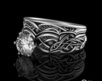Stacker Engagement & Wedding Dolphin Ring Set, Sterling Moissanite Celtic Matching Wedding Ring, Nested Womens Ocean Sea Ring Pair 3122 1971