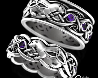 Matching Sterling Otter Rings, Amethyst Otter Wedding Bands, Celtic Otter Ring Set, Irish Otter Rings, Scottish Otter Rings, 3027 3025