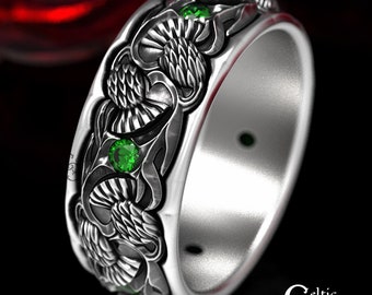 Sterling Silver Thistle Ring, Emerald Thistle Ring, Scottish Wedding Ring, Wide Mens Ring, Celtic Thistle Ring, Celtic Wedding Ring, 1472