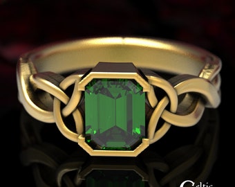 Gold Emerald Celtic Ring, Emerald Cut Engagement Ring, Gold Celtic Engagement Ring, Emerald Engagement Ring, Emerald Platinum Solitaire, 401