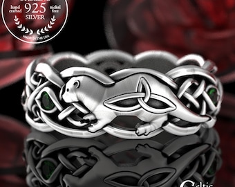 Sterling Silver Otter Wedding Band, Emerald Otter Ring, Celtic Otter Ring, Irish Otter Ring, Otter Wedding Band, Otter Wedding Ring, 3025