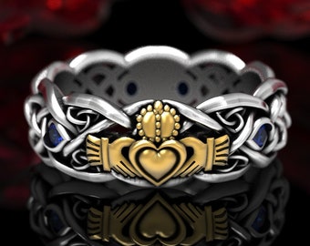 2Tone Silver 10K Gold Celtic Claddagh Ring & Sapphire, Gold Claddagh Wedding Ring, Sapphire Trinity Knot Silver Heart Ring, Irish Ring 1685