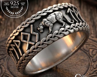 Norse Runes with Cougar Spirit Animal Ring, Sterling Mountain Lion Warrior Ring, Fighting Puma Jewelry, Silver Panther Elder Furthark, 3321