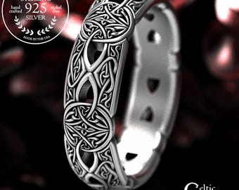 Sterling Silver Celtic Wedding Ring, Intricate Wedding Band, Detailed Celtic Ring, Unique Celtic Wedding Ring, Knotwork Shield Ring, 1407
