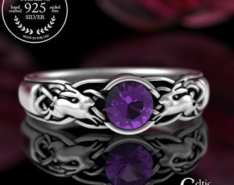 Amethyst Bunny Engagement Ring, Sterling Ruby Cottontail Rabbit Wedding Ring, Bezel Sapphire Hare Statement Ring, Honey Bunny Jewelry, 3298