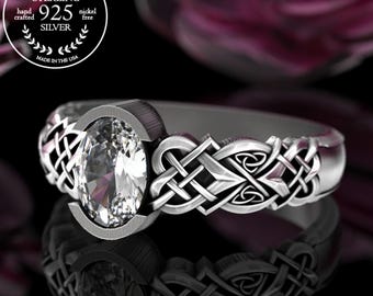 Moissanite Sterling Solitaire Ring, Oval Celtic Engagement Ring, Silver Irish Knotwork Wedding Ring, Womens Scottish Heart Bridal Ring, 3017