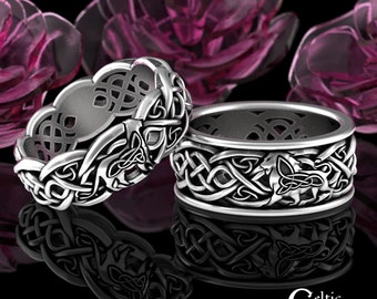 Matching Lion Lioness Ring Set, Sterling His Hers Wedding Ring Set, Celtic Male Female Lion Wedding Bands, Jungle Wedding Rings, 3048 3054